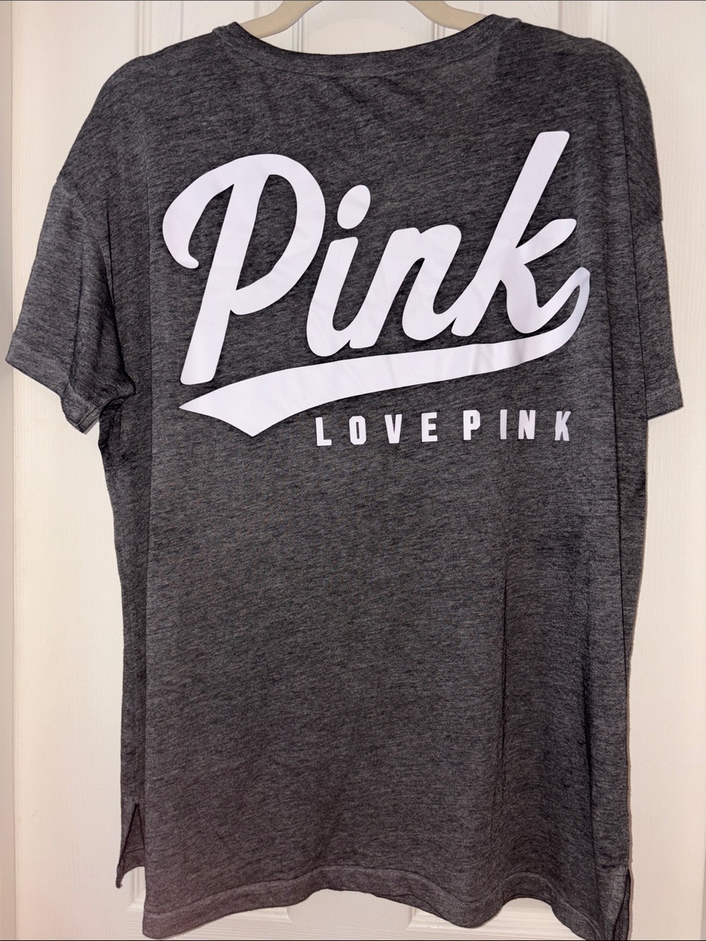 Victoria's Secret PINK Charcoal oversized Burnout Gray Logo V neck Tee M